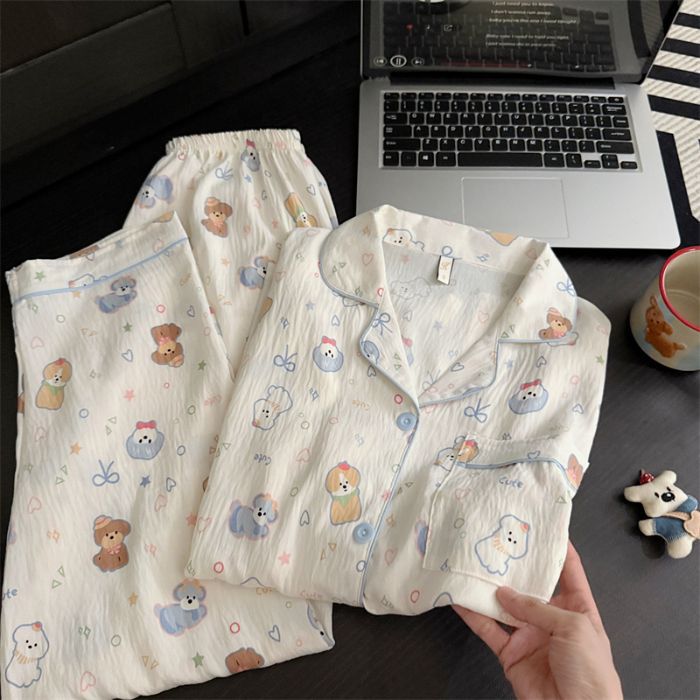 Al por mayor transfronterizo cien pijamas de verano mujeres 2025 nuevas nubes de algodón pantalones de manga larga dibujos animados lindos ropa para el hogar