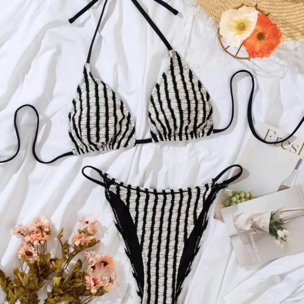 Gestreiftes Bikini-Set aus Frotteestoff für Damen – weicher, zweiteiliger Badeanzug, bequemer Strand- und Badeüberwurf_voghion.com