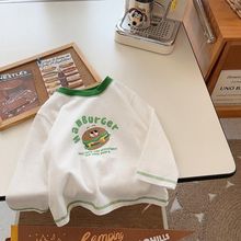 春秋季韩版新款男女童中小童绿色汉堡卡通印花棉速干百搭长袖T恤