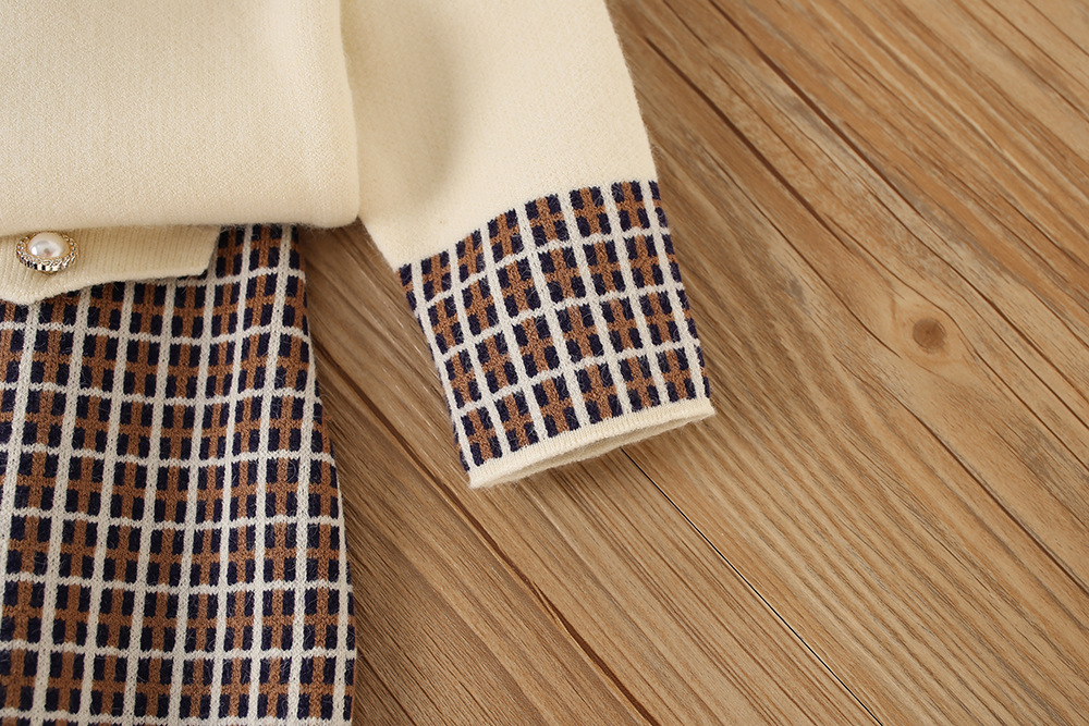 Pull deux pièces pour fille, ensemble Cardigan tricoté à carreaux, petit parfum, nouvelle édition coréenne, automne/hiver 2022_voghion.com