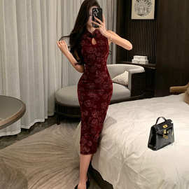 印花夏季新中式无袖镂空盘扣复古旗袍红色连衣裙女拉链开叉中长裙