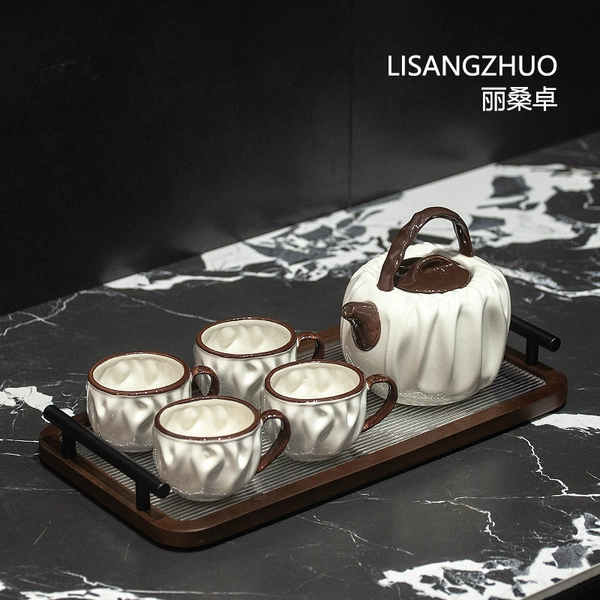 JTH brown wrinkled 4 cups + pot + HS large wooden tray