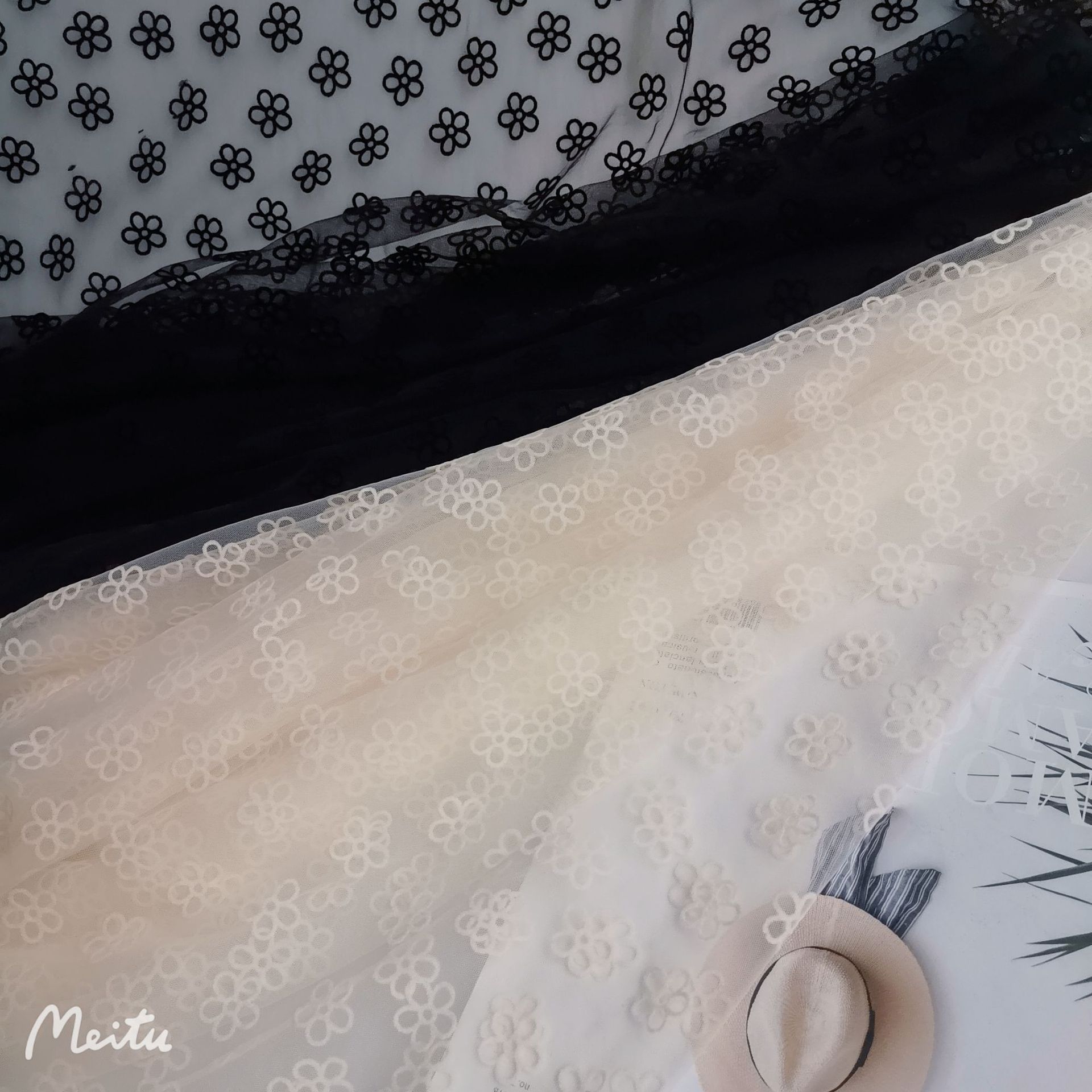 热销款~小清新锦特美网纱五瓣花近色植绒品质好 童裙装饰网等面料