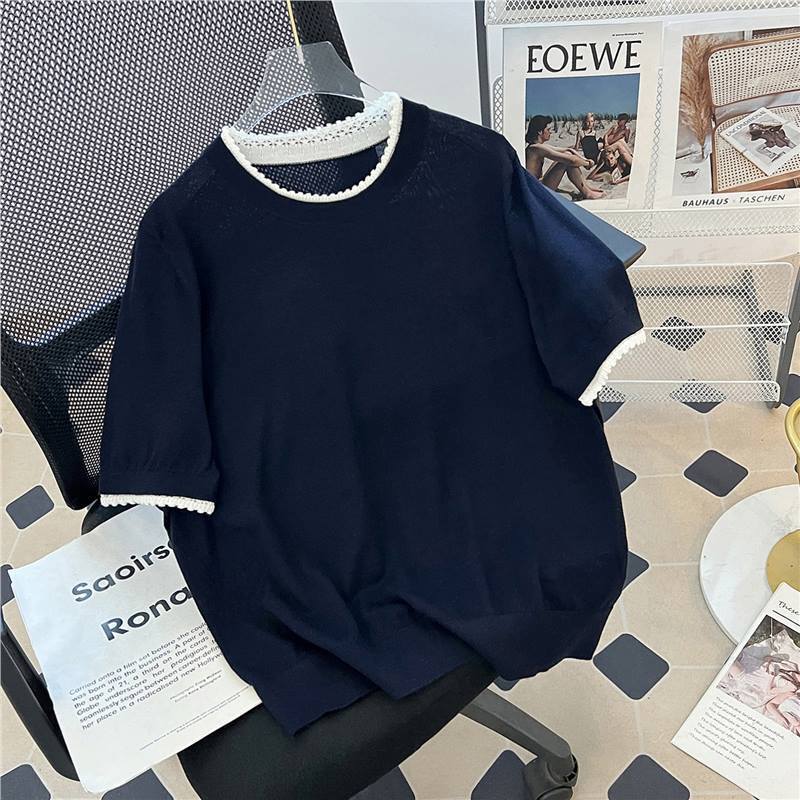 Casual yet Gentle in Its Elegance~ French-Style Crochet Lace Short-Sleeved Thin Wool Knit T-Shirt Top for Women in Summer