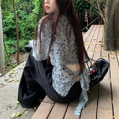 怠惰な高級感のニットの上着の韓系の優しい女性の春秋の背中の蝶結びは背の春の上着の女性の丸首を現します。