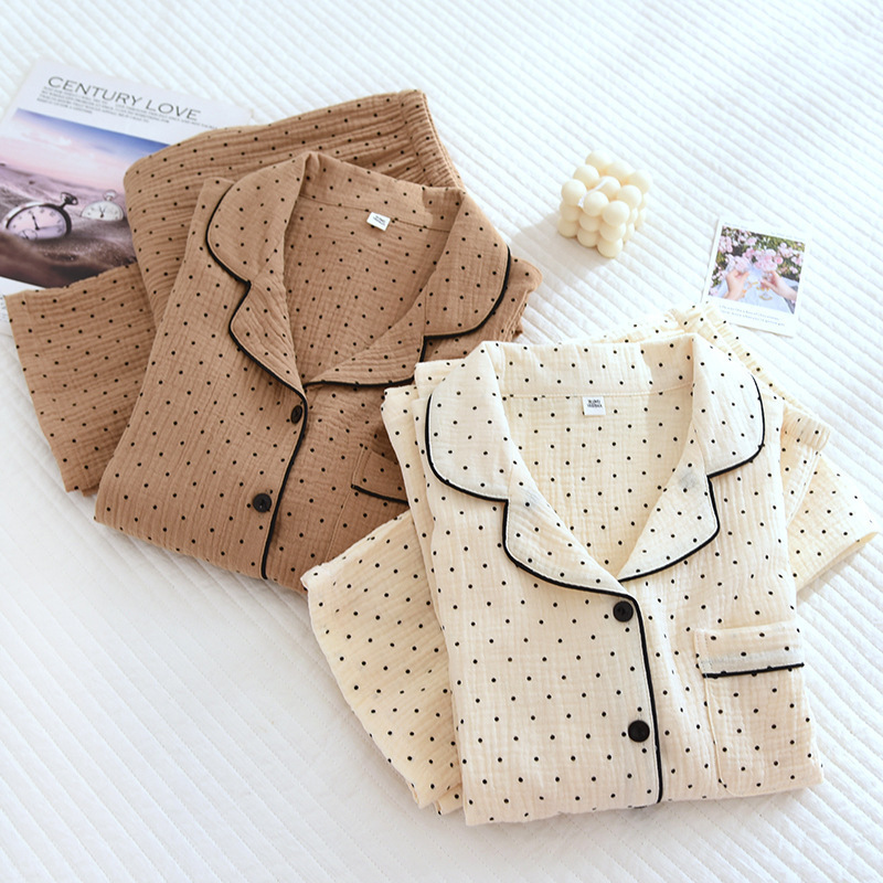 Pure Cotton Crepe Pajamas for Women, Spring and Summer Washed Cotton Gauze Soft Loungewear, Japanese-Style Polka Dot Long-Sleeve Long-Pants Set Pure Cotton Crepe Pajamas for Women, Spring and Summer Washed Cotton Gauze Soft Loungewear, Japanese-Style Polka Dot Long-Sleeve Long-Pants Set