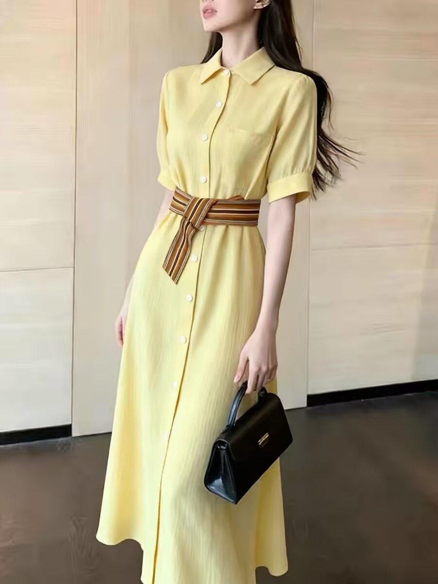 Đầm sơ mi nữ tay ngắn màu vàng dáng suông midi — màu vàng