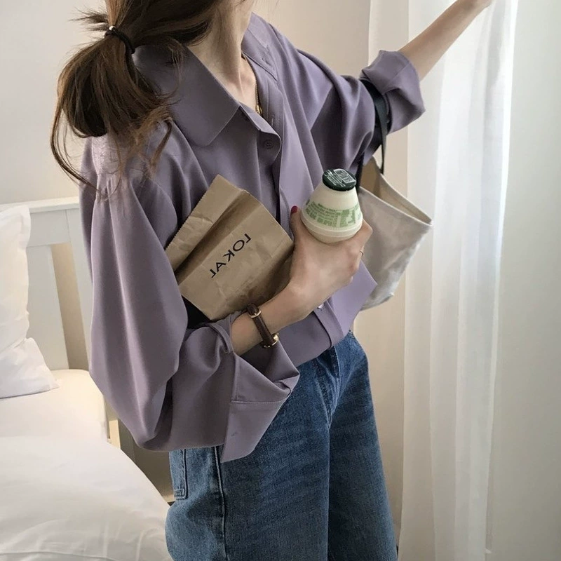 Чувство дизайна Xiazhong Fu древний портовый вкус таро фиолетовая рубашка женская рубашка шелковистая и вертикальная с длинными рукавами холодная ветровая рубашка осень