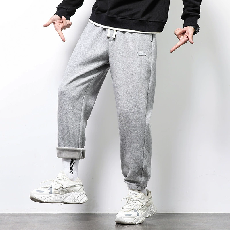 Зимние утепленные мужские спортивные штаны на флисовой подкладке, свободные брюки до щиколотки, мужские повседневные брюки для студентов, брюки до щиколотки, эластичные брюки