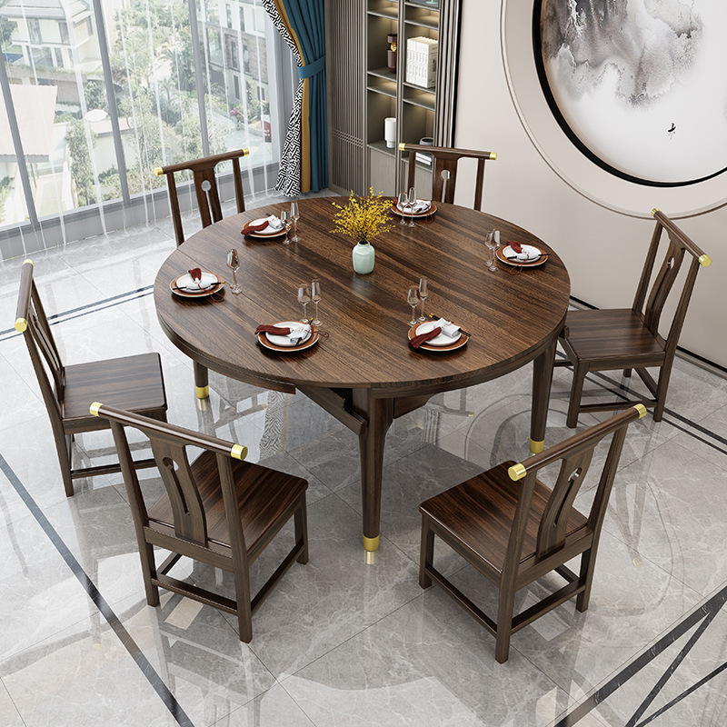 新中式烏金木餐桌餐椅組合可伸縮方圓兩用餐桌家用小戶型可變圓桌