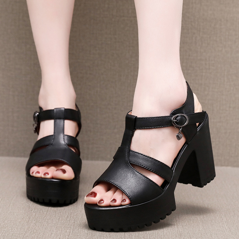 Cowhide Model Catwalk High-Heeled Sandals for Women, New Summer Waterproof Platform Thick-Soled Fashion Women's Shoes, Chunky Heel Large Size Sandals