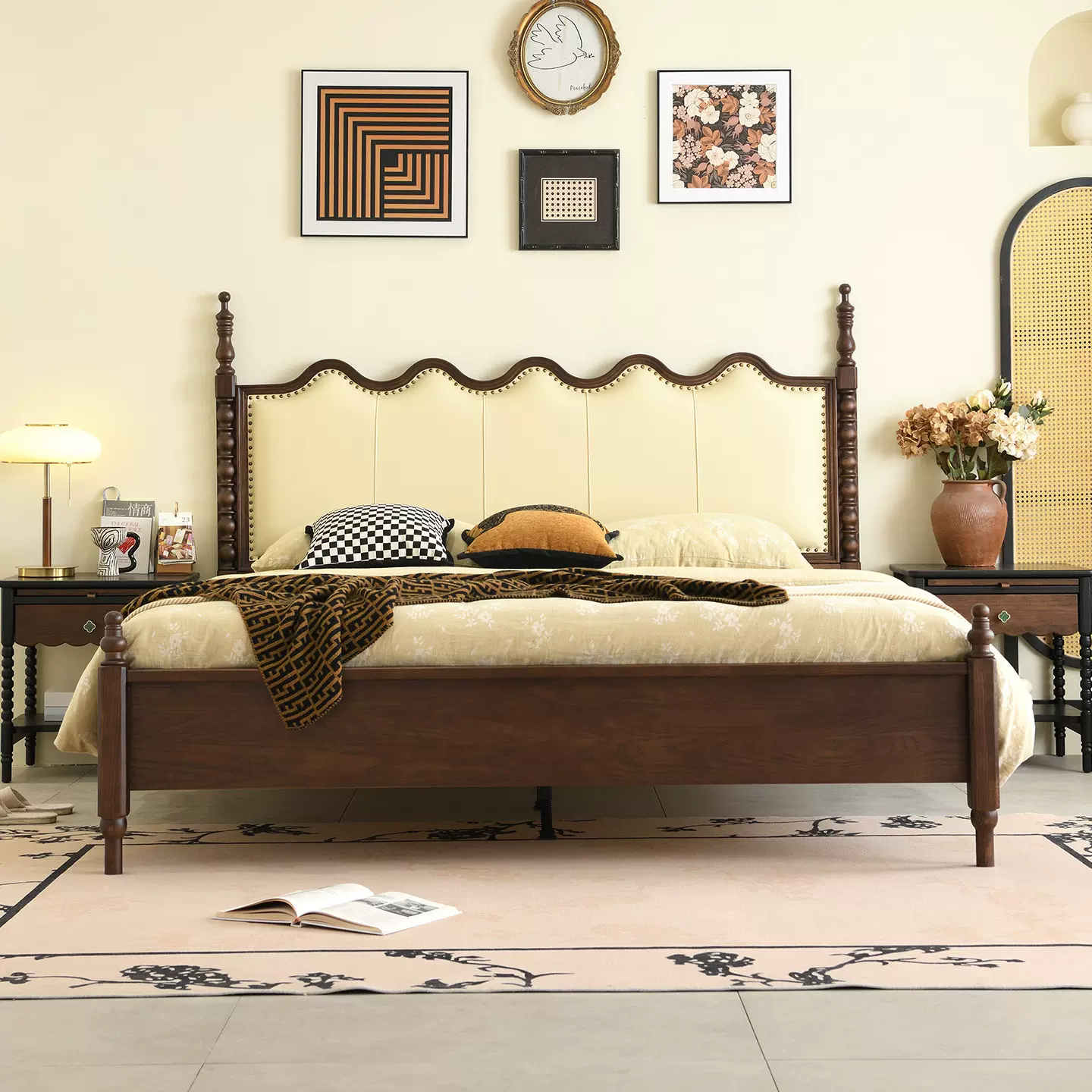 法式复古塞纳床实木真皮软包床美式双人主卧涟漪床中古风储物床