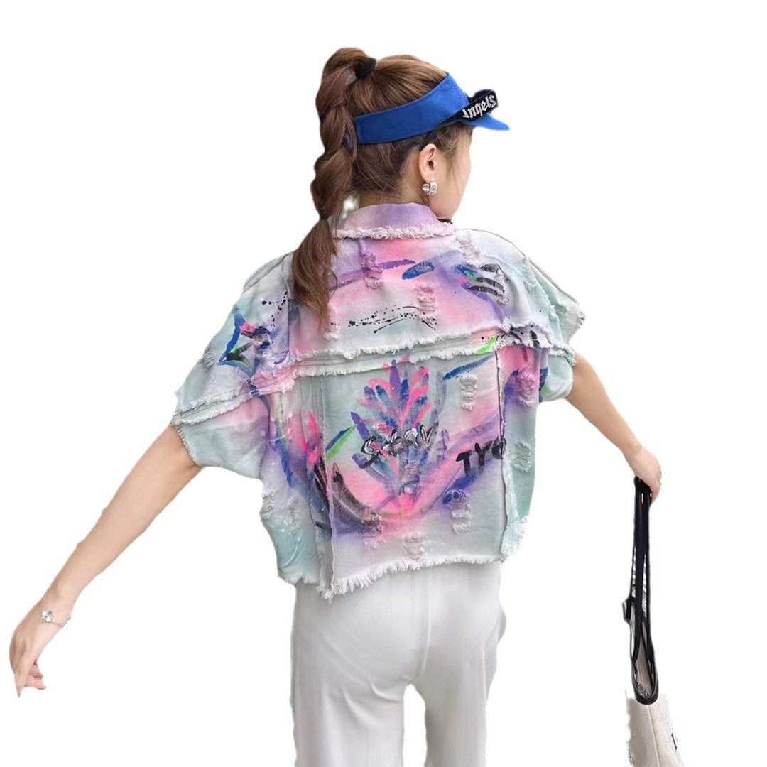 Marca de moda tailandesa 2024 otoño nuevo abrigo denim teñido de la industria pesada mujer graffiti sensación de diseño de abrigo de clip suelto image 5