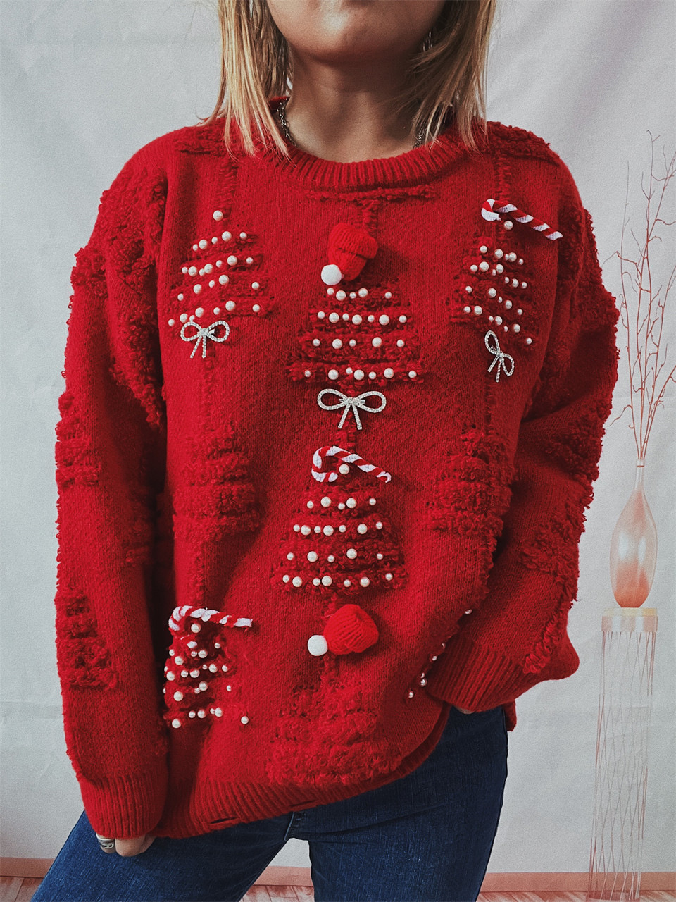 Suéter Navideño 2025 con Perlas Hechas a Mano y Decoración 3D para Navidad y Año Nuevo, Estilo Transfronterizo para Amazon image 3