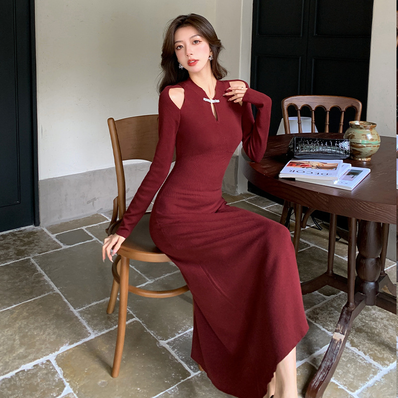 2025 Autumn and Winter New New Chinese Style Improved Cheongsam Fake Two-Piece Hollow Knitted Dress Bottoming Sweater Long Skirt for Women