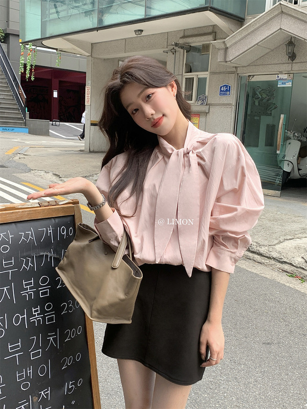 柠檬绿茶领结衬衫女2025秋季新款气质立领长袖衬衣设计感小众上衣|undefined