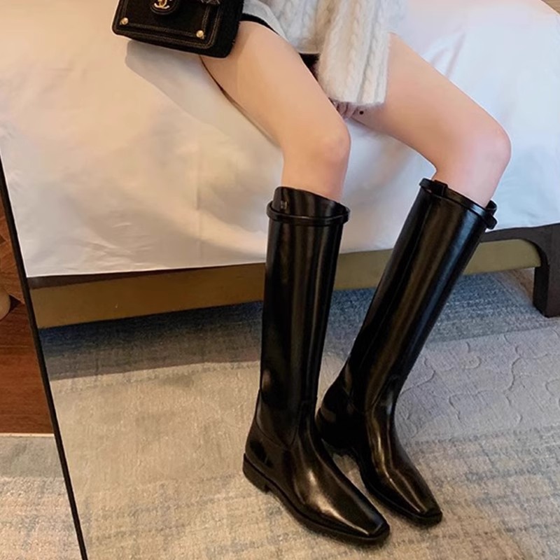 全牛皮~洋气方头真皮宽筒骑士靴女秋冬平底西部长靴高筒靴长筒靴|undefined
