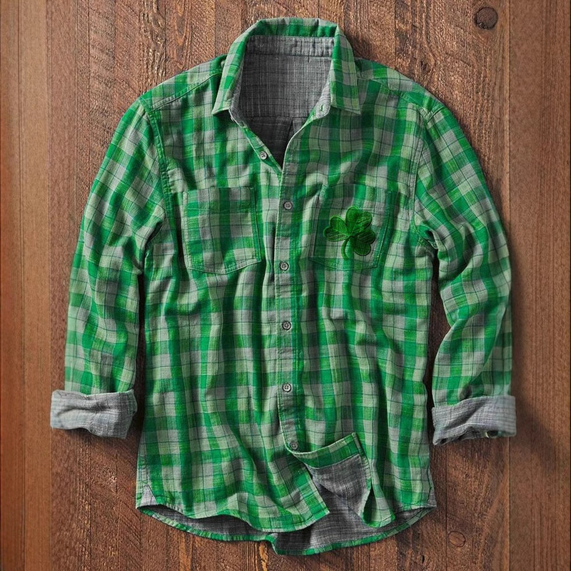 2025 cross-border Amazon Europe and the United States men's spring pocket long sleeve shirt clover plaid printed long sleeve shirt