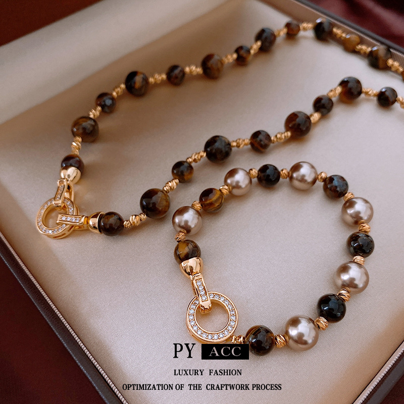 Real Gold Electroplated Zircon Artificial Tiger Eye Stone Necklace Cross-Border Retro Versatile Sweater Chain High-End Jewelry Wholesale for Women