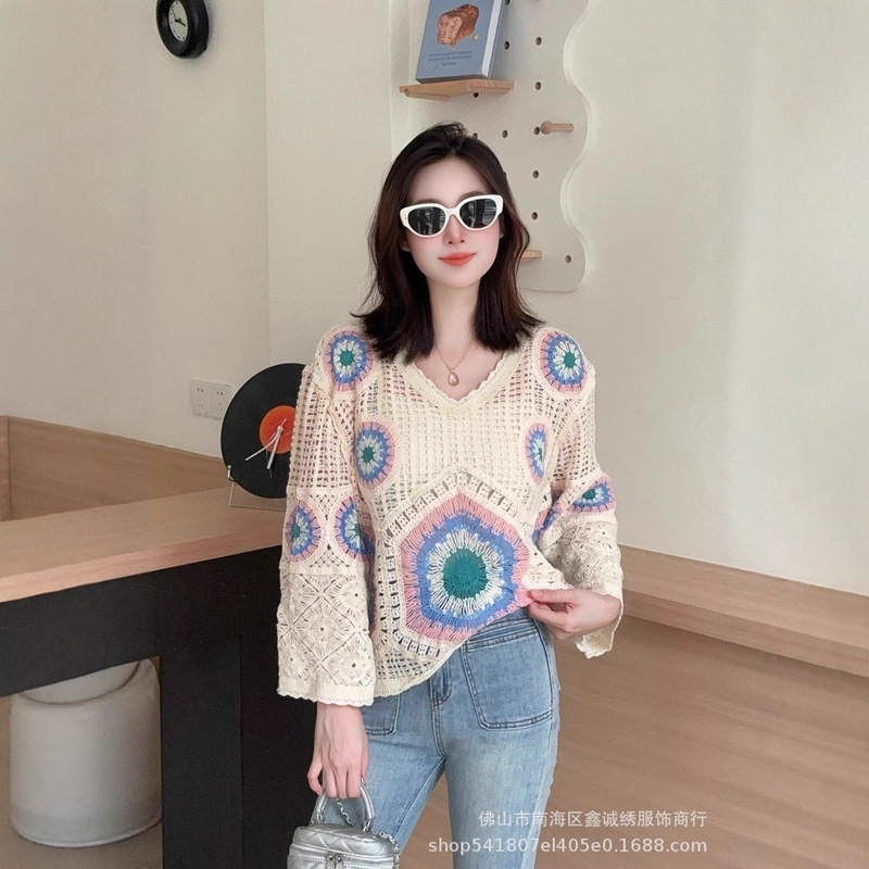 New Crochet Hollow New Style Sweater Women's Autumn Bohemian Resort Style Long-Sleeved Top Blouse