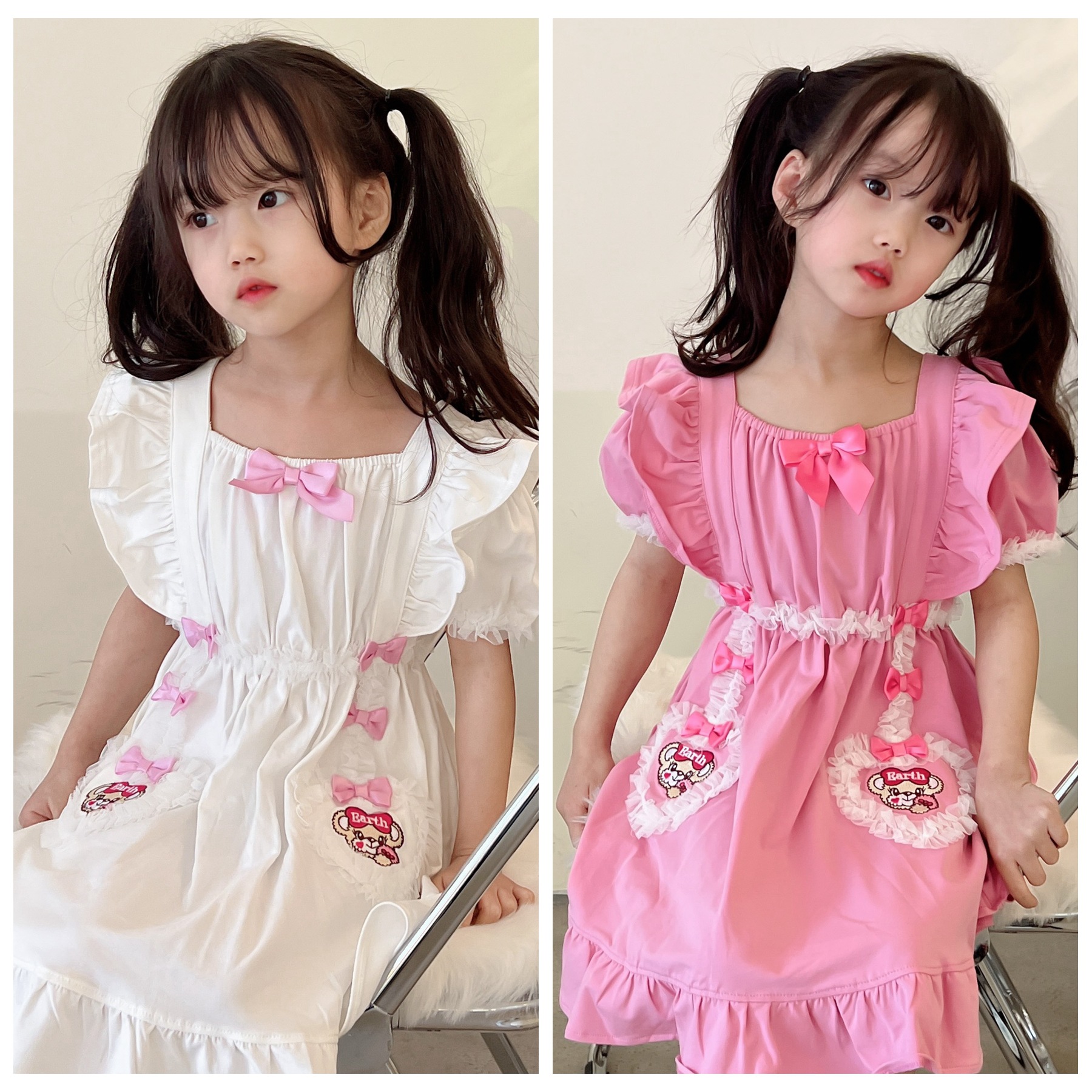 Em Summer New Girls Dress Cute Lady Style Short-Sleeved Dress Bear Butterfly Festival Element Princess Dress