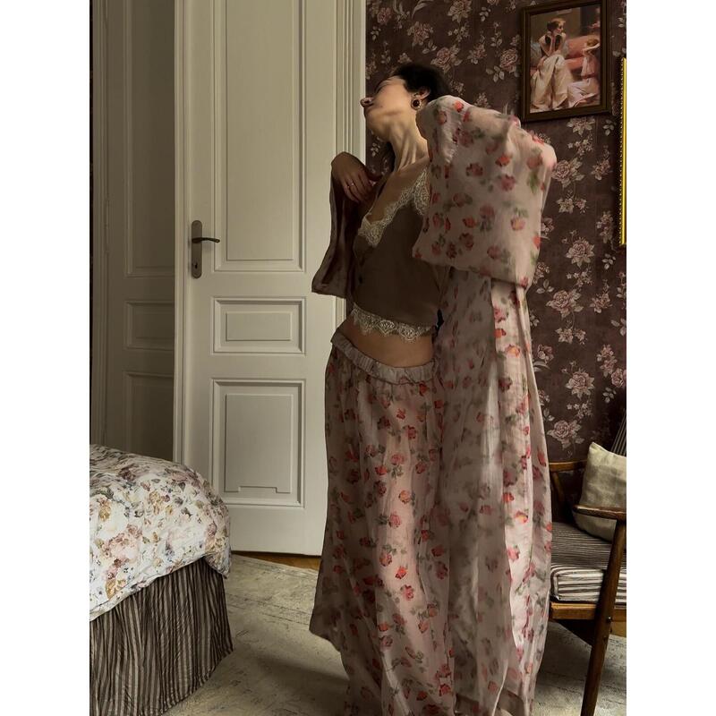 Retro Dry Rose French Style Pajamas for Women Spring 2026 New Long Nightgown Casual Pants Comfortable Home Wear Retro Dry Rose French Style Pajamas for Women Spring 2026 New Long Nightgown Casual Pants Comfortable Home Wear