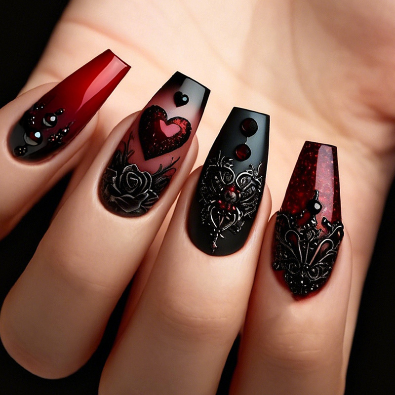Valentine's Day Red Gradient High-End Fake Nails with Red Heart Dots Y2K Style Press-On Nails Valentine's Day Red Gradient High-End Fake Nails with Red Heart Dots Y2K Style Press-On Nails