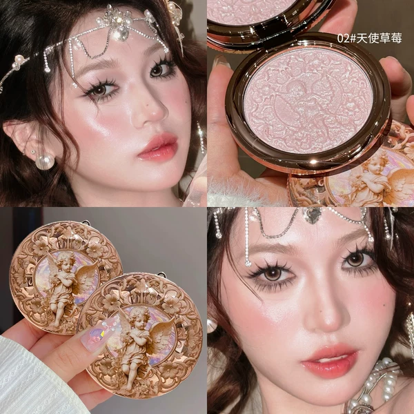Little Angel Embossed 3D Highlighter Natural Face Brightening Water-Glow Contouring Palette High-Shine Makeup with Pearlescent Crushed Diamonds