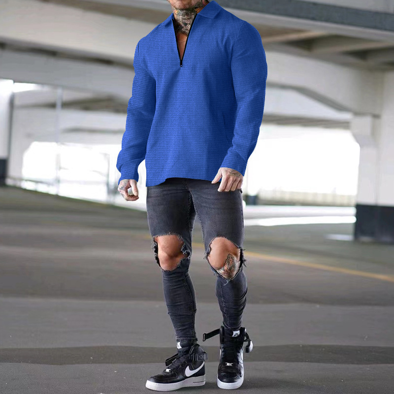 2024 Men's Half Zippered Waffle Thin Dress with Relaxed Short Sleeve Polo Collar_voghion.com
