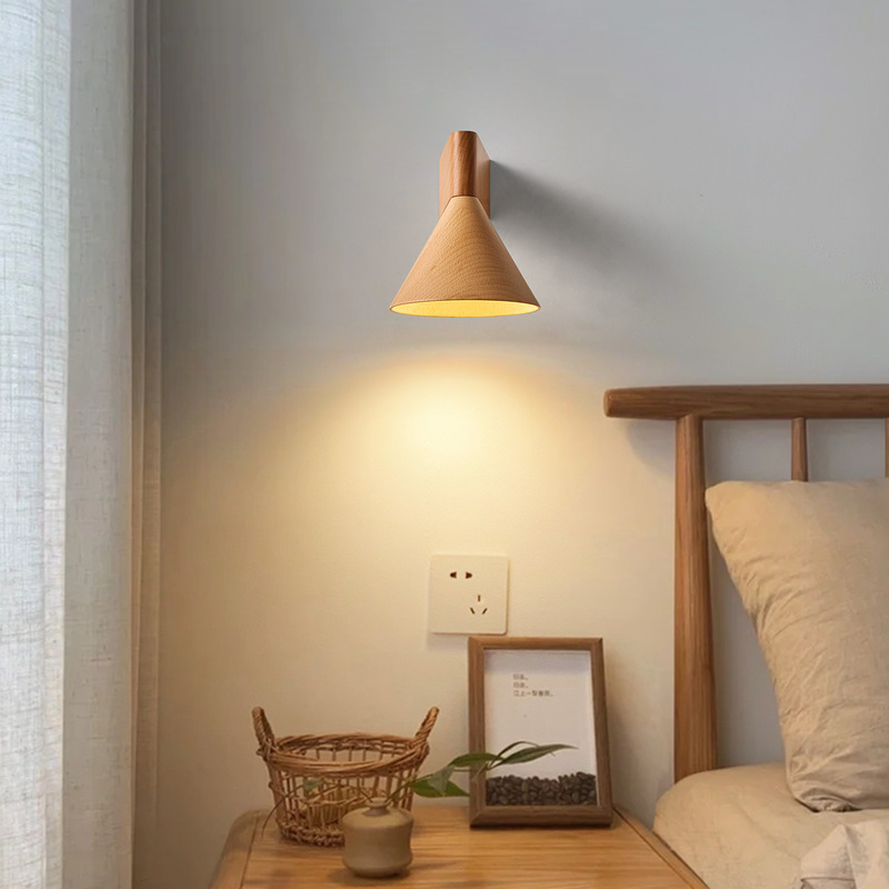 Medieval Style Wall Lamp Minimalist Cone Geometric Bedroom Bedside Lamp Walnut Designer Living Room Background Wall Aisle Lamp