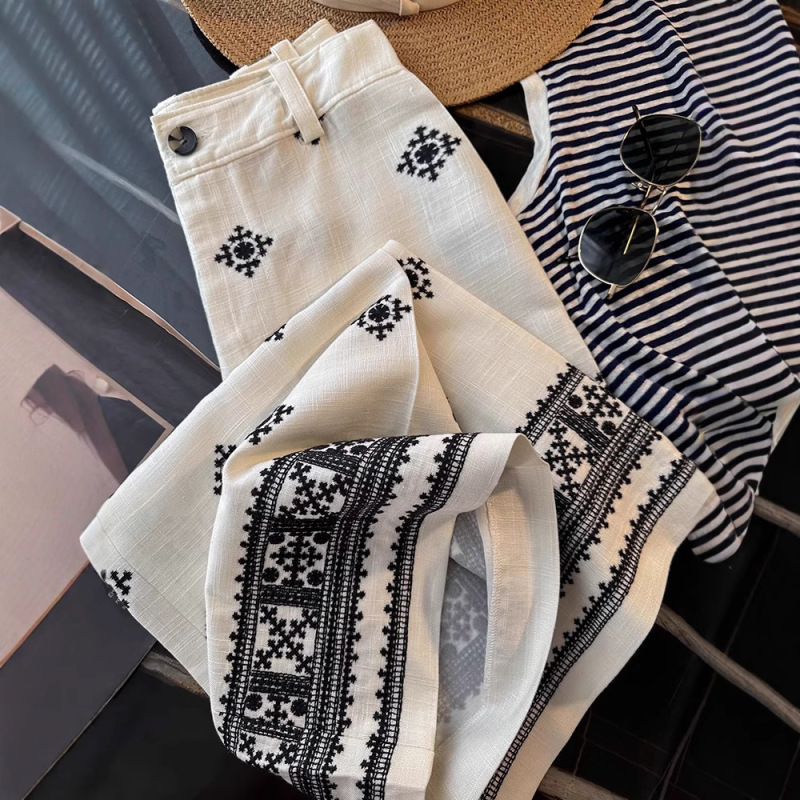 自分用にオススメのベストセラー商品〜レトロリネン刺繍ワイドレッグパンツレディース夏薄手ゆったりカジュアル着痩せ高級感|undefined