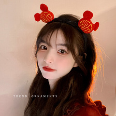 新年喜慶飾品國風福袋毛絨發箍女童漢服拜年紅色髮飾可愛小熊頭箍