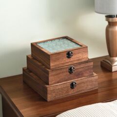 实木复古海棠花玻璃方形收纳盒翻盖防尘化妆品收纳桌面杂物整理盒