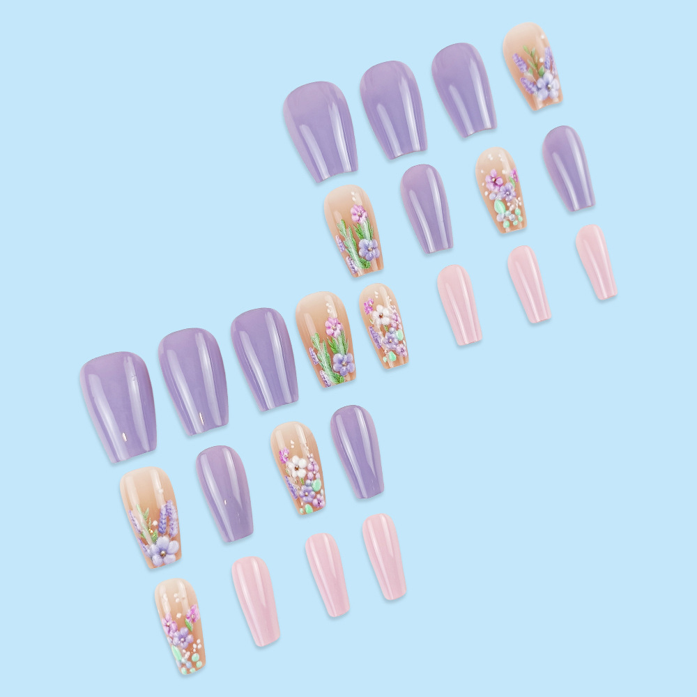 Parche de uñas en relieve de flores transfronterizas 24 piezas de uñas de uñas moradas europeas y americanas