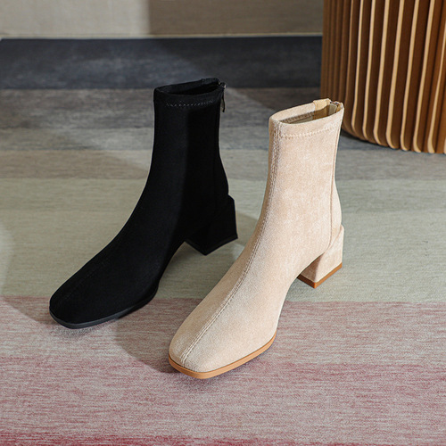 Fuhao square toe short boots for women thick heel women's boots French nude boots slim boots suede winter women's shoes stretch boots for women