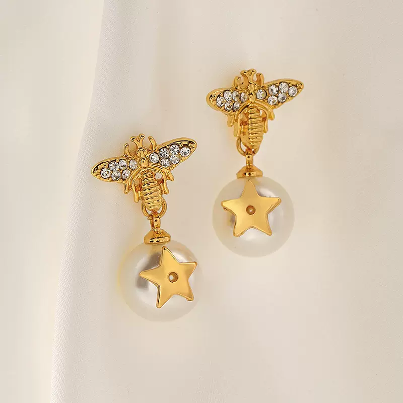 欧美星星蜜蜂珍珠耳环高级感银针镶宝石轻奢时尚精致简约耳饰耳坠