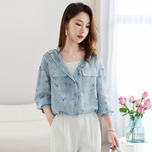 时尚连帽双绉真丝衬衫女长袖2025春夏新款桑蚕丝印花大码宽松上衣