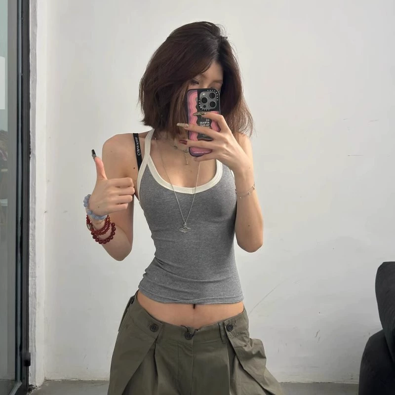 Американская ретро горячая девушка с контрастным цветом маленький камзол жилет для женщин летом носит тонкий и тонкий базовый топ без рукавов