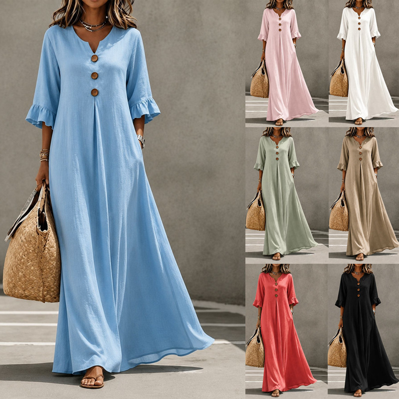 2026 European and American Autumn and Winter New Woven V-Neck Buttoned Ruffle Sleeve Pocket Long Dress Fashion Loose Flared Dress Women's Clothing 2026 European and American Autumn and Winter New Woven V-Neck Buttoned Ruffle Sleeve Pocket Long Dress Fashion Loose Flared Dress Women's Clothing