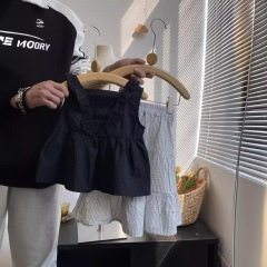 女童半身裙套裝棉2024夏季森系女孩裙子拼接木耳邊背心百搭兩件套