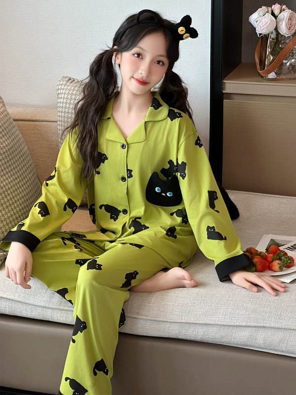 2025秋季新款女童纯棉家居服卡通猫咪印花儿童长袖睡衣套装可外穿|undefined