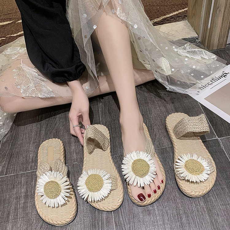 Flip-Flops Hemp Rope Straw Shoes Summer New Outdoor Daisy Slippers Women's Outer Wear Flats Low Heel Slip-Ons