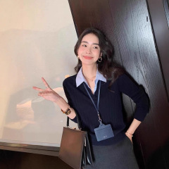 港米服饰/2025秋冬款新针织假两件polo领针织衫女打底衫外穿上衣