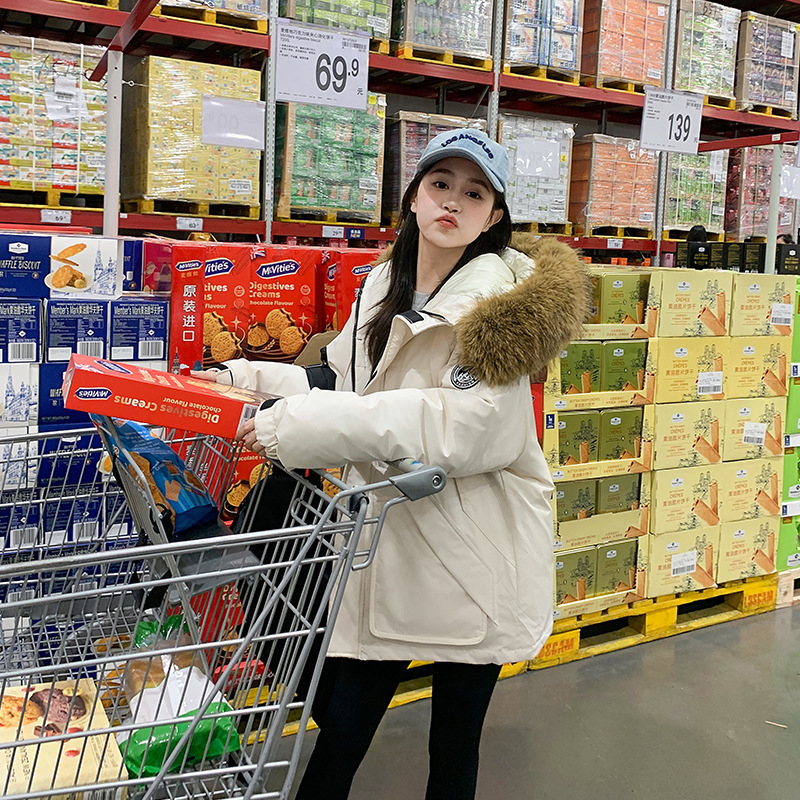 2025 Winter College Style Mid-Length Parka Cotton Coat for Women with Large Fur Collar, Workwear, Petite, Loose Versatile Jacket