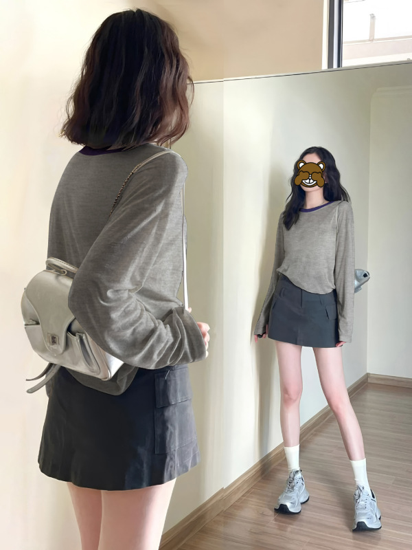 韩系拼色领长袖罩衫t恤防晒服女装夏季宽松时尚轻薄灰色体恤上衣|undefined