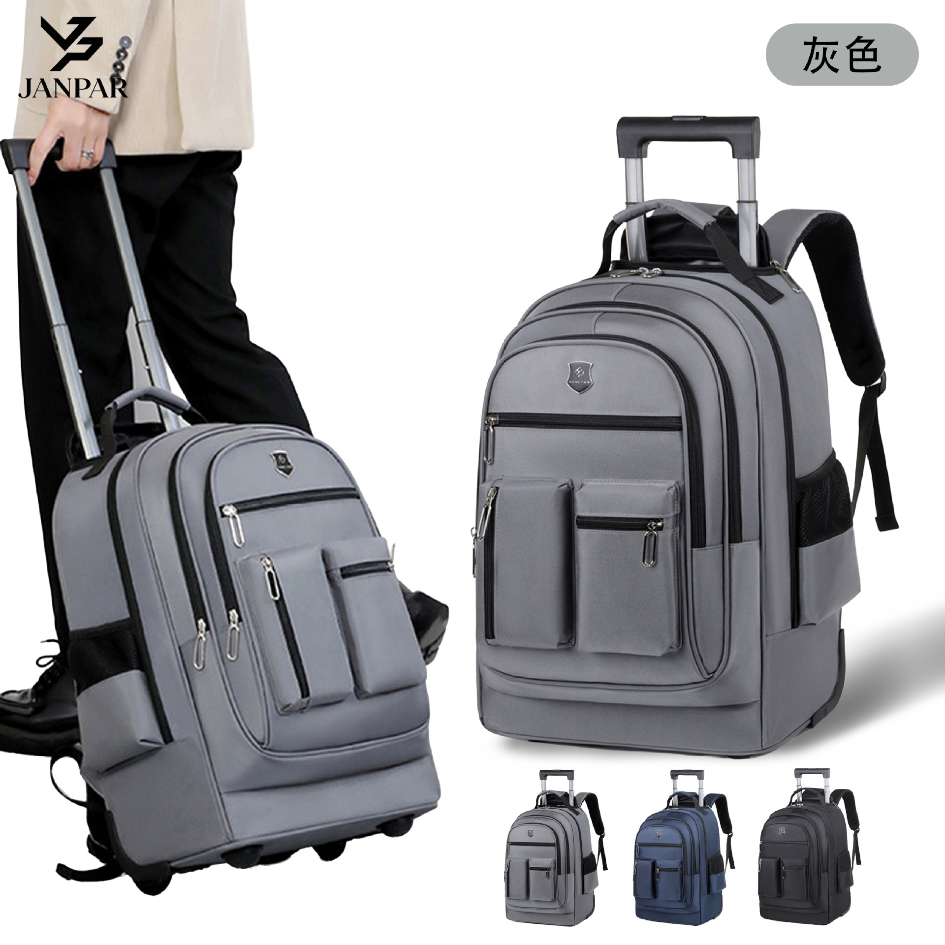Large Capacity Double Back Trolley Bag Men's Casual Outdoor Travel Backpack Oxford Cloth Lightweight Multi-compartment Computer Backpack