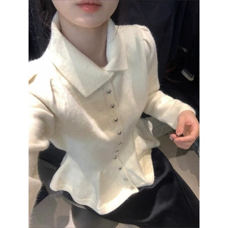 芊语 白色小香风收腰毛衣女秋冬慵懒高级感法式针织开衫厚上衣