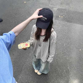 原版色织雪花韩系chic撞色条纹长袖t恤女罩衫慵懒风松弛气质上衣