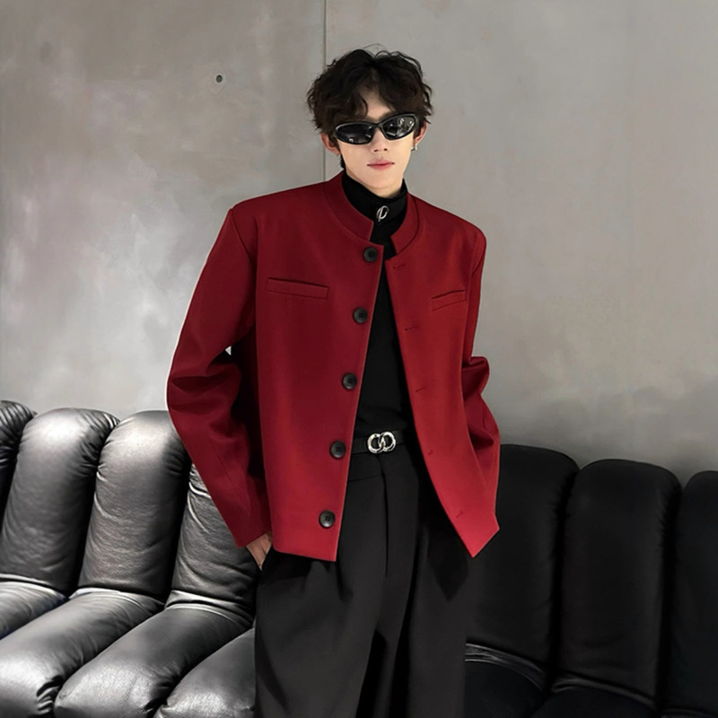 Burgundy Shoulder-Padded Stand-Up Collar Short Suit Jacket for Men 2025 Spring and Autum New Loose Slim Jacket Small Suit