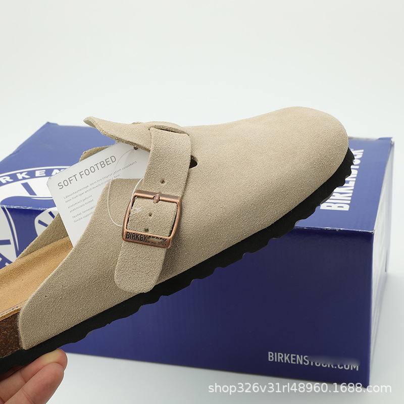 Bk High Version Outer Wear Thick-Soled Toe-Cap Half-Slip Birkenstock Shoes Genuine Leather Cow Suede Birkenstock Shoes for Men and Women Couples Flats Cork